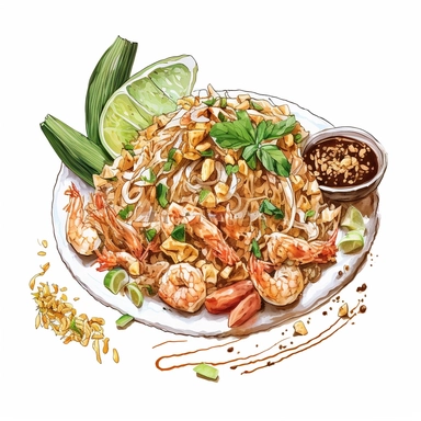 Pad Thai (Thailand): Stir-fried rice noodles with shrimp or chicken, eggs, bean sprouts, peanuts, and tamarind sauce ,watercolour sketch, plain background,clipart