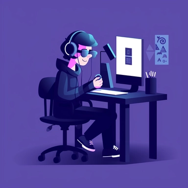 a coder sitting on desk simple clipart ,dark blue, black, dark purple, figma style
