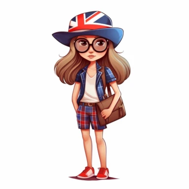 female kid in summer clothes with British flag in hand, Fashion cartoon clipart in the style of the cartoon daria Cool, confident, stylish, white background