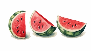 semi photorealistic outlined watercolor illustration, clipart elements, collection [watermelon fruit] cozy elements, detailed, pastels, beige, spaced, isolated white background, 8k,