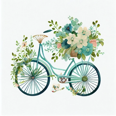 cute vintage bicycle with flowers clipart, watercolor, pastel blue aqua
