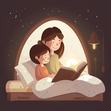 A little girl is reading a book in bed and laughing. her mom is there reading with her. the room is dark and a flat design lamp is shining. no background, kids style, 2D, vector, good quality, Pixar kids book illustration, vector, cartoon character, hand drawn, clipart