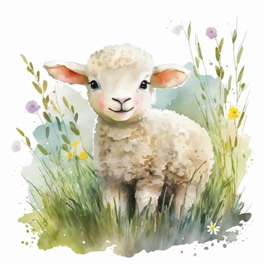 watercolor, cute clipart baby sheep smiling