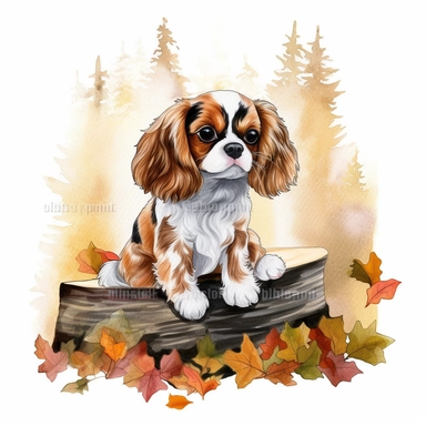 create a beautiful detailed and original watercolor clipart image of a very small happy and adorable king charles cavalier puppy in a beautiful redwood forest during fall by sitting next to a large tipped over tree trunk, include fall colors, include detail to grass and fall leaves being crushed under the tree trunk, white background, no text, no font, no words