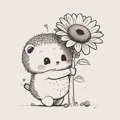 Happy cute cartoon hedgehog hugs a flower, white background, anime style, incredibly detailed , thick outline , Create a sketch of a black and white  Cute and adorable cartoon it , fantasy, dreamlike, surrealism, super cute, trending on artstation design,