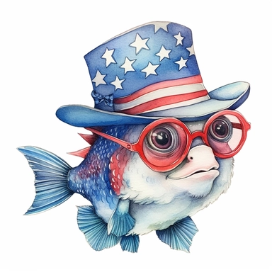 Fish wearing a hat 4th of july style, wearing sunglasses style by Lucy Fleming, watercolor, smooth gradients, black contour outline, ultra detailed, clipart elements, delicate pastel colors, solid white background, super clear, high quality
