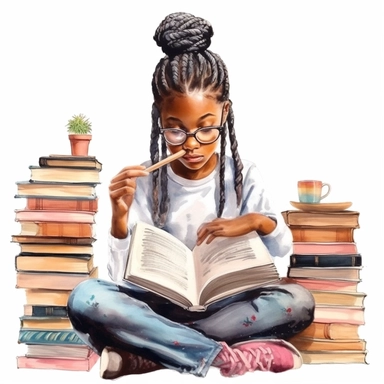 Watercolour darkskin Black Girl Reading Clipart, braids, reading in a fort, Girl Studying Clipart, Book Lover , Student Clipart, Reading Png,Bookworm, hd, white background, spaced out, pastel colors, cartoon realism details--ar 3:2