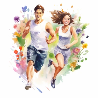 closeup photo of wedding couple in watercolor, Athletic couple with joyful expressions, running towards a blooming garden, watercolor, Pixar style, Clipart on a white background
