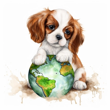 create a beautiful original high quality highly detailed watercolor clipart image of a small and adorable king charles cavalier puppy celebrating earth day, include high detail to the puppys fur, white background, no text, no font, no words