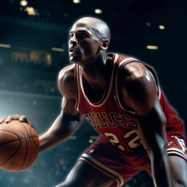 Michael Jordan playing basketball in an outdoor basketing court and doing a three-point-shot, 10pm at night, high details, 4K, movie clip, full bod