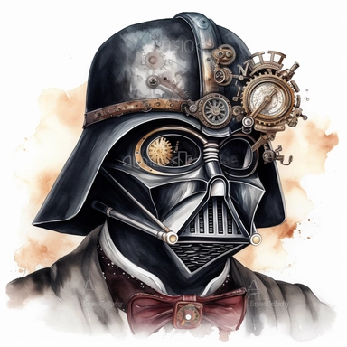 hyper-realistic darth vader steampunk clipart, watercolor, and white background