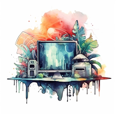 studio logo of a computer's screen clipart , futuristic boho style, in style of Watercolor and ink outline