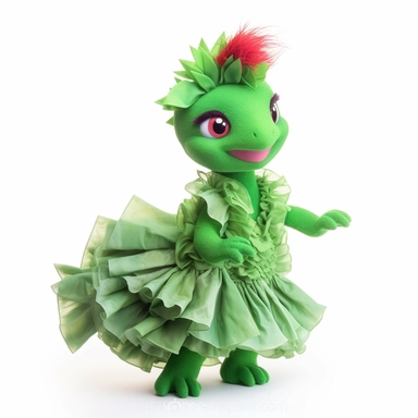 green baby girl Godzilla, looks like an alien, doing high step dance moves, wearing a designer dress made from Phoenix feathers , ultra high fashion, wearing ruby neck scarf, techno lighting, disney cuteness, plain white background, cutout clipart