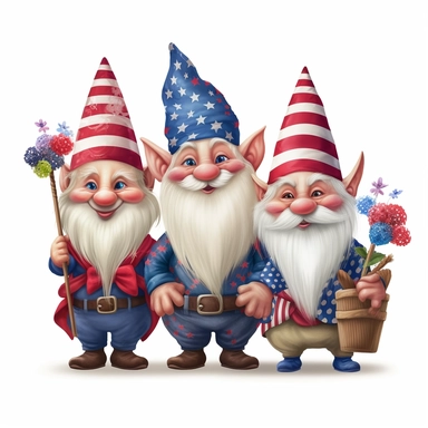 4 july gnomes photorealistic clipart,on white background with margins