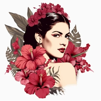 mexican woman with a Hibiscus mahagony meets botanical vintage themed clipart with goodess like with a Hibiscus