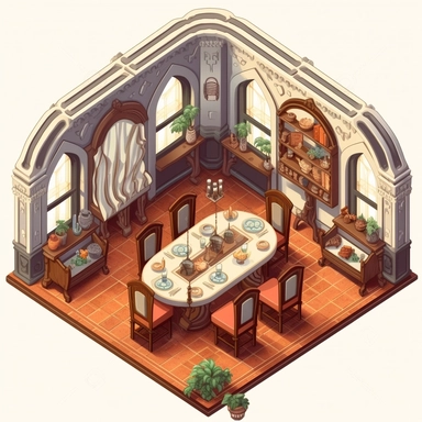 a fantasy Isometric Dining room Clipart, on white background, hd, detailed