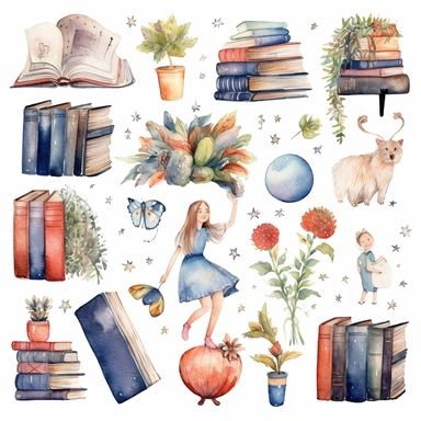World book day hand drawn watercolor clipart set. Library books collection
