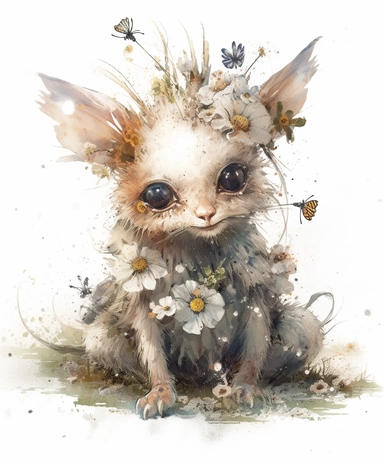 illustration art of cute beautiful daisy Catpunk fairy, provence, meadow, many small and colorful particles, masterpiece by Jean-Baptiste Monge style, rococo style, PNG clipart, isolated on white, extreme photorealistic details, 32k HD resolution, realistic high detailization high resolution