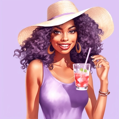 pretty black girl, Sun Straw Hat Wide Brim Summer Hat Foldable Roll up Floppy Beach Hats, pretty, holding a cocktail drink, lilac outfit, 4k, hd, clipart
