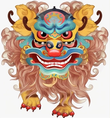 chinese dragon cartoon, chinese lion art png clipart, in the style of polychrome sculpture, ritualistic masks, light brown and sky-blue, multi-layered collage-like, fujifilm eterna 250d type 8563, light maroon and yellow, traditional african art
