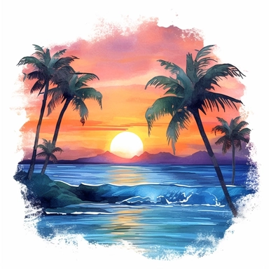 tropical watercolor sunset at the beach, in the style of blue, clipart