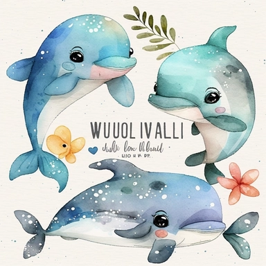 Cute Baby Dolphin Watercolor Clipart Set Kawaii Dolphin Adorable Baby Fish