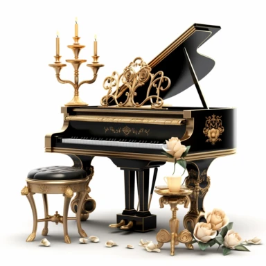 luxury gold piano with a seat,black roses and jewel,candle and one music book digital clipart on white background--s 1000