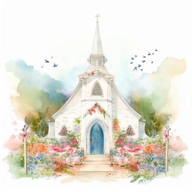watercolor painting of wedding chapel clipart on plain white background, painted in the style of chiho aoshima