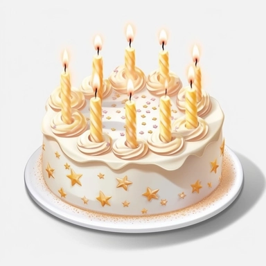 Create a high-quality clipart image of a perfectly frosted vanilla birthday cake with small-sized symmetric candles. Show a round cake with smooth vanilla buttercream frosting, meticulously decorated with small and symmetrically arranged candles.