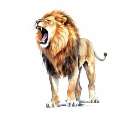 watercolor illustration, standing lion, realistic, roaring, clipart, high definition, white background