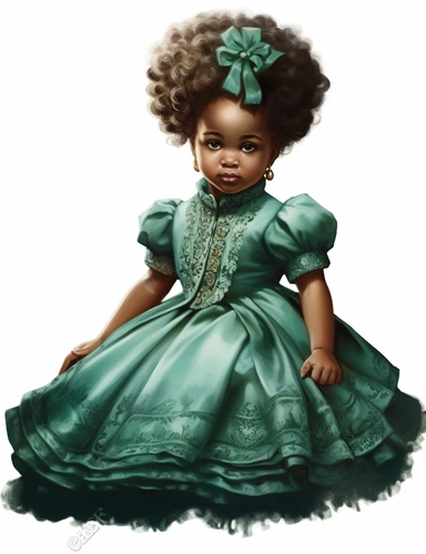 gorgeous african american baby girl in vintage victorian dress, Eyes: Green, clipart, Composition: Relaxed position with intricate high hairstyle, Style: gothic, white background, hyperrealism, 32k