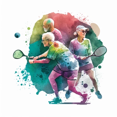 Design a watercolor clipart image of Pickleball players of all ages playing together. The image should showcase the inclusivity and accessibility of the game.