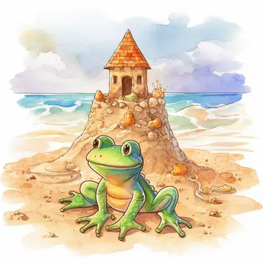 Create a watercolor illustration clipart of a playful cute Frog Making Sand Castle on the beach, with its full body visible. Use soft, flowing brushstrokes and a warm, inviting color palette to create an image that is both charming and whimsical. Incorporate intricate details like the motion of the Frog Making Sand Castle on the beach to create a lifelike, realistic image. Can add other elements to the illustration like related item to play to create playful scene. Use white background to allow 