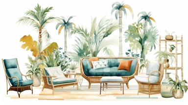 Watercolor clip art, Serena and Lily inspired, Editorial Style photo, Mid-range view, Artistic, Eclectic, Tropical plants and lounge chaise furniture, Varied and eclectic, Medium level of detail, Diverse and vibrant, Luxury bohemian resort brand, Soft and diffused, Beachfront, Afternoon, Bohemian and free-spirited, Eclectic and vibrant, on a white background, no shadow, shot on 70mm lens, Canon camera, 8k, spaced out, stylize 1000,