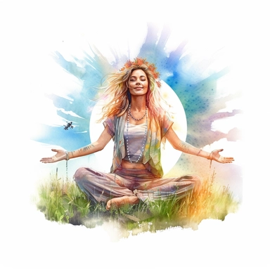 enchanted Front illumination of ultra realistic watercolor of full body of an insanely beautiful hippie country happy woman, doing yoga pose in grass field , highly detailed and realistic, insane quality, mystic, wiccan, art nouveau art style, clipart witchcore dreamcore cottagecore, good looking meditation, yoga calm, serene, healthy, white background no text, isolated on white, watercolor illustration, award winning, strong and sharp lines