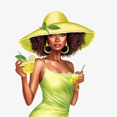 pretty black girl, Sun Straw Hat Wide Brim Summer Hat Foldable Roll up Floppy Beach Hats, pretty, holding a cocktail drink, lime green outfit, 4k, hd, clipart