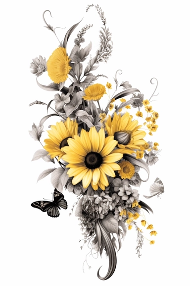 flower corner freebie floral border clipart, in the style of black and white realism, yellow and gray, uhd image, tattoo, monochromatic paintings, contemporary fairy tale, eye-catching detail