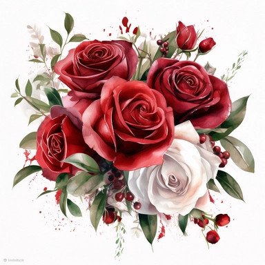 watercolor clipart showcasing a beautiful bridal bouquet of red roses, white background, hyper realistic