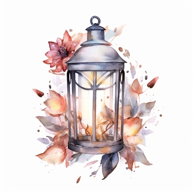 A watercolor clipart showcasing a lantern filled with twinkling fairy lights, surrounded by floral elements, evoking a magical and ethereal cottagecore ambiance , minimalist ,isolated white background,8k