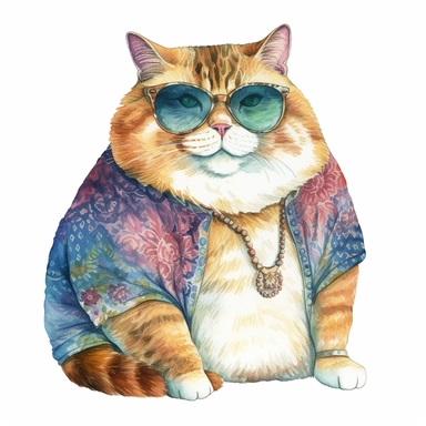 watercolor cozy watercolor clipart artwork of fat cat with sunglasses, hd white background