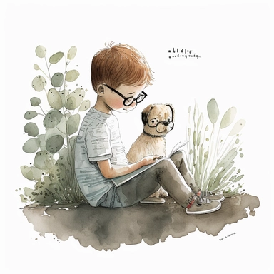 a dog sitting next to a young boy reading a book, watercolor and ink drawing, clipart, happy, gentle smile, beautiful watercolor ink wash coloring, thick pencil lines, Jon klassen, Adrian tomine, popular on etsy, watercolor illustrations clipart, watercolor illlustrations for kids and children, book illustrations, plain white background