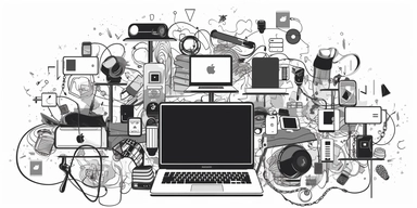 digital devices clipart, desktop, laptop, tablet, phone, interconnected, black line art on white, minimal,