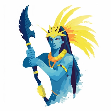 A Na'vi warrior wielding a staff and wearing a feather headdress, Avatar, simple, graphics designer, png clipart, in the style of gabriele münter, white background, back button focus, aerial view, animated gifs, stencil - based, texture - based