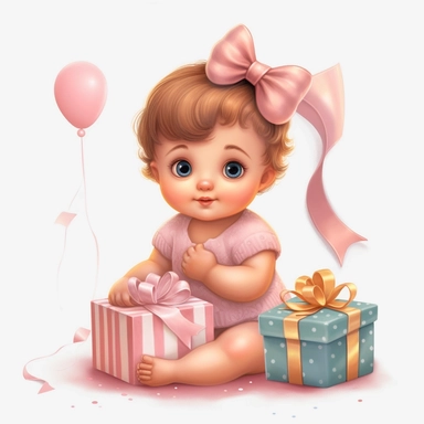 cute one year old baby girl first birthday clipart, single clipart, cake and present, high resolution, vibrant colors, 8k