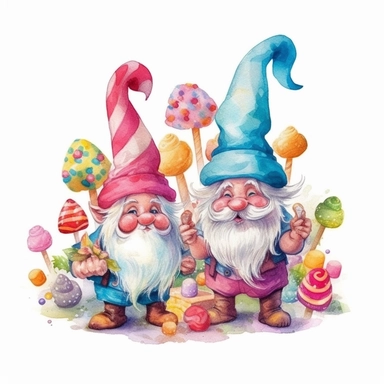 Fairytale style beautifull cute gnomes in the candyland with watercolor effect,candyland scene,candies,fantasy style,realistic features,vibrant colors,suitable for digital clipart,white background