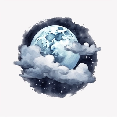 watercolor style, Ominous moonlit sky: An illustration of a night sky with a full moon, stars, and dark clouds, creating a spooky atmosphere. clipart, isolated on white background, 4K