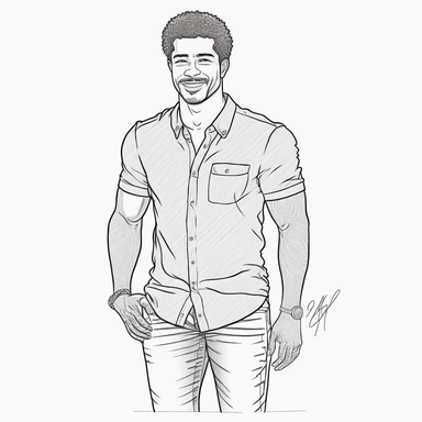 monochrome classic coloring book page of full body head to toe clipart style of smiling, handsome African American man with smooth skin no blemish, he has round detailed eyes, chiseled face with hair, hyper realistic, hyper detailed, hair is short curly clean cut, wearing a full leisure outfit, line art, 8k polished focused photography, there is no background on this image