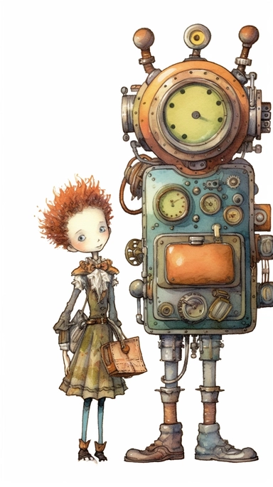 watercolor steampunk robot clock entire body with a steampunk suitcase by his side and holding a cute steampunk doll in her arms, illustration clipart by holly hobbie and mary engelbreit