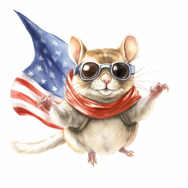 Flying squirrel is gliding, wears American flag scarf and sunglasses, closeups shot, low angle, watercolor style, hyper-realistic animal illustrations, 2d game art, quadratura, clipart, on white background,