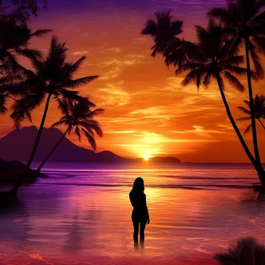 Create clipart of a stunning sunset beach scene in Thailand with a woman enjoying the view Descriptive Keywords: Sunset, beach, palm trees, woman, relaxation, Thai floral elements Style of Photograph: Ultra high definition, vibrant colors, vivid details
